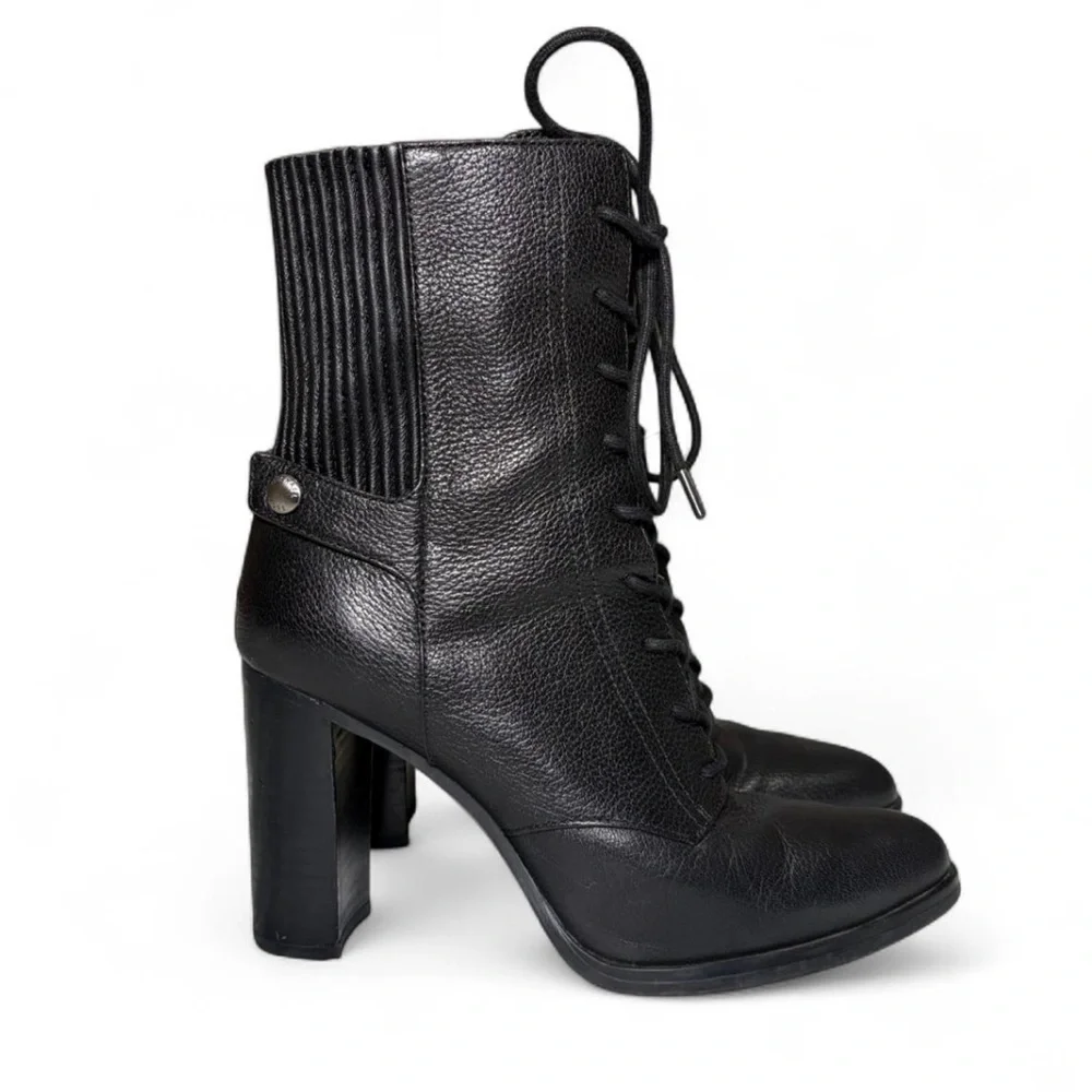 Michael Kors Carrigan Black Leather Lace Up Heeled Ankle Boots Size 7.5